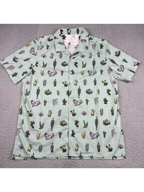 Paul Smith Camp Collar Shirt Mens XL Green Prickly Pear All Over Print